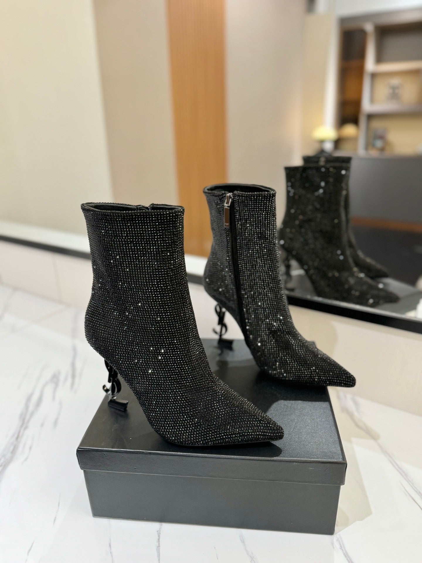 BLACK CRYSTAL HEEL BOOTS