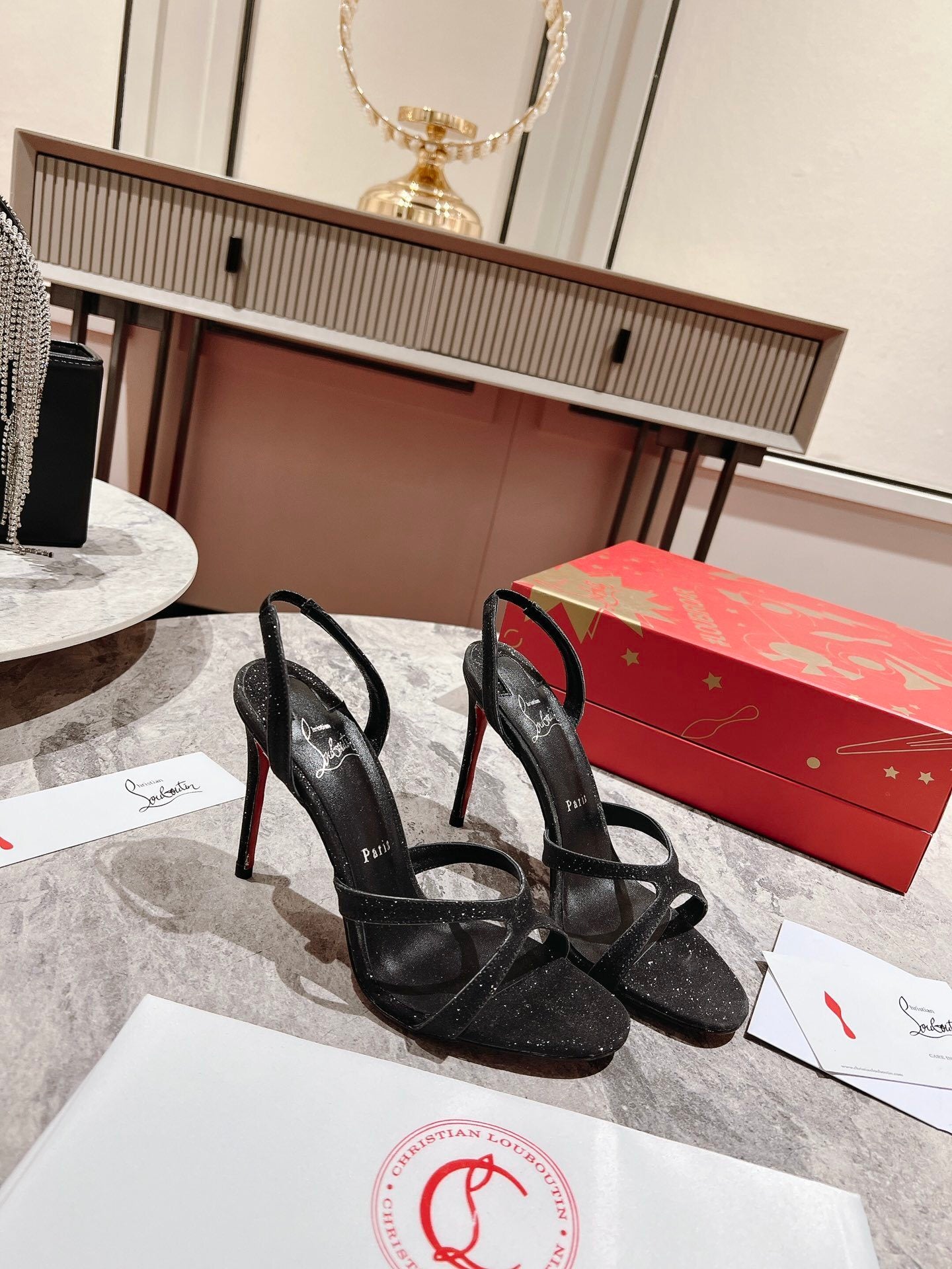 BLACK GLITTER STRAP SANDAL HEELS