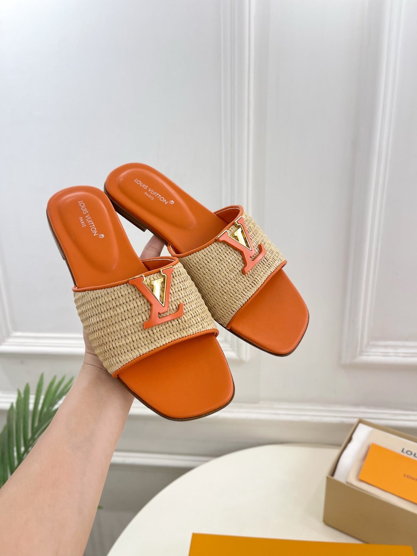 WOVEN STRAP MONOGRAM DETAIL SLIDE SANDALS – ORANGE