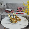 GOLD METALLIC MULE HEEL SANDALS WITH LOGO DETAIL