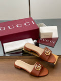 BROWN METALLIC LOGO FLAT SLIDES