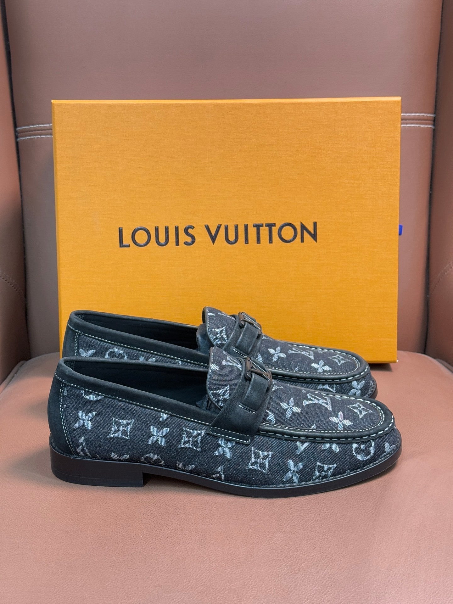 BLACK MONOGRAM CANVAS LOAFERS WITH METAL DETAIL