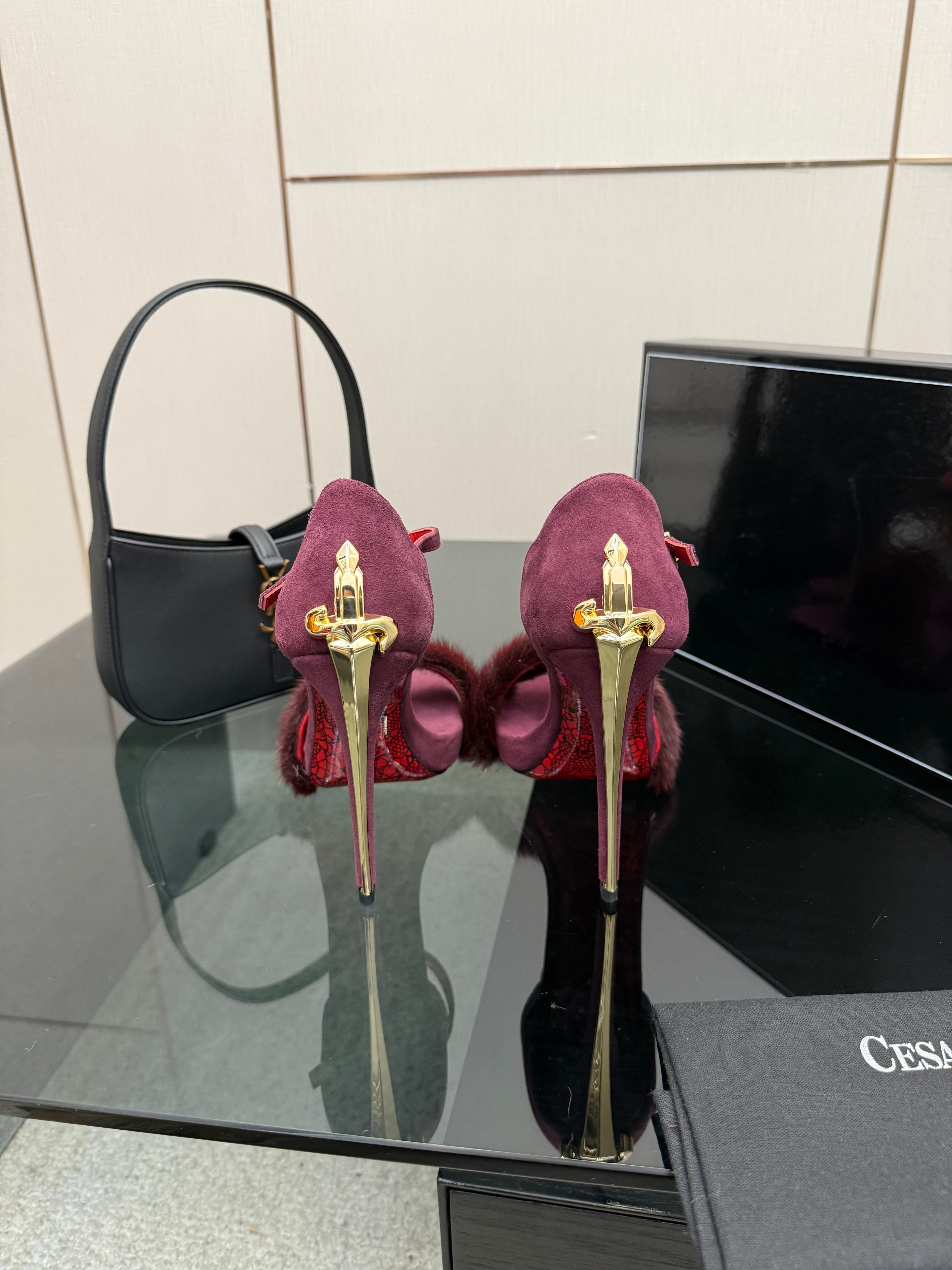 SUEDE FUR-TRIM STILETTO SANDALS – PLUM WINE EDITION
