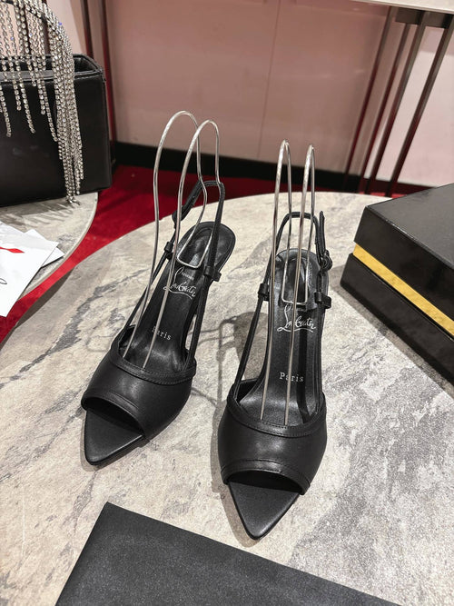 BLACK LEATHER STRAPPY OPEN-TOE SLINGBACK HEELS
