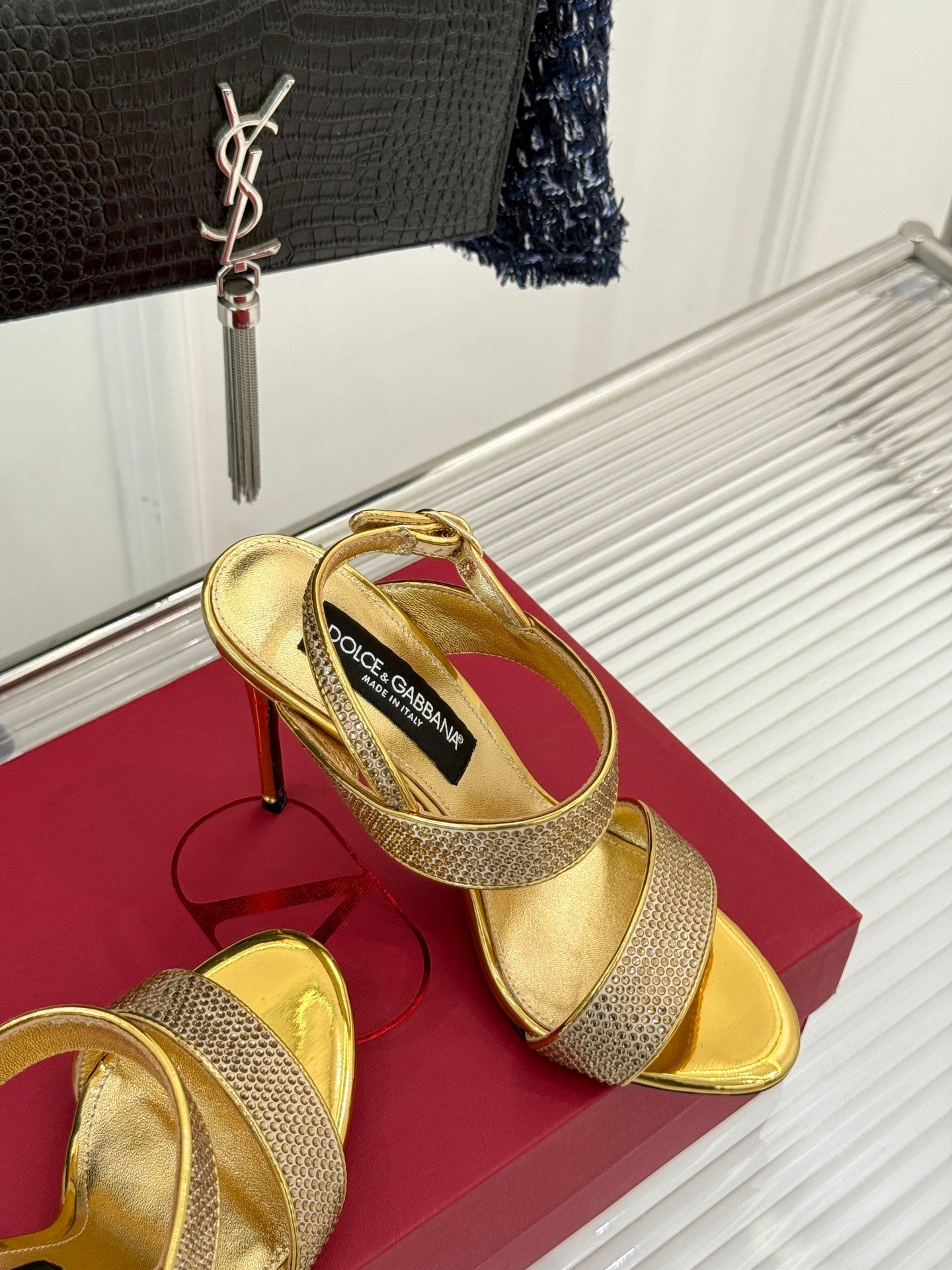 GOLD CRYSTAL-EMBELLISHED STRAPPY STILETTO HEELS