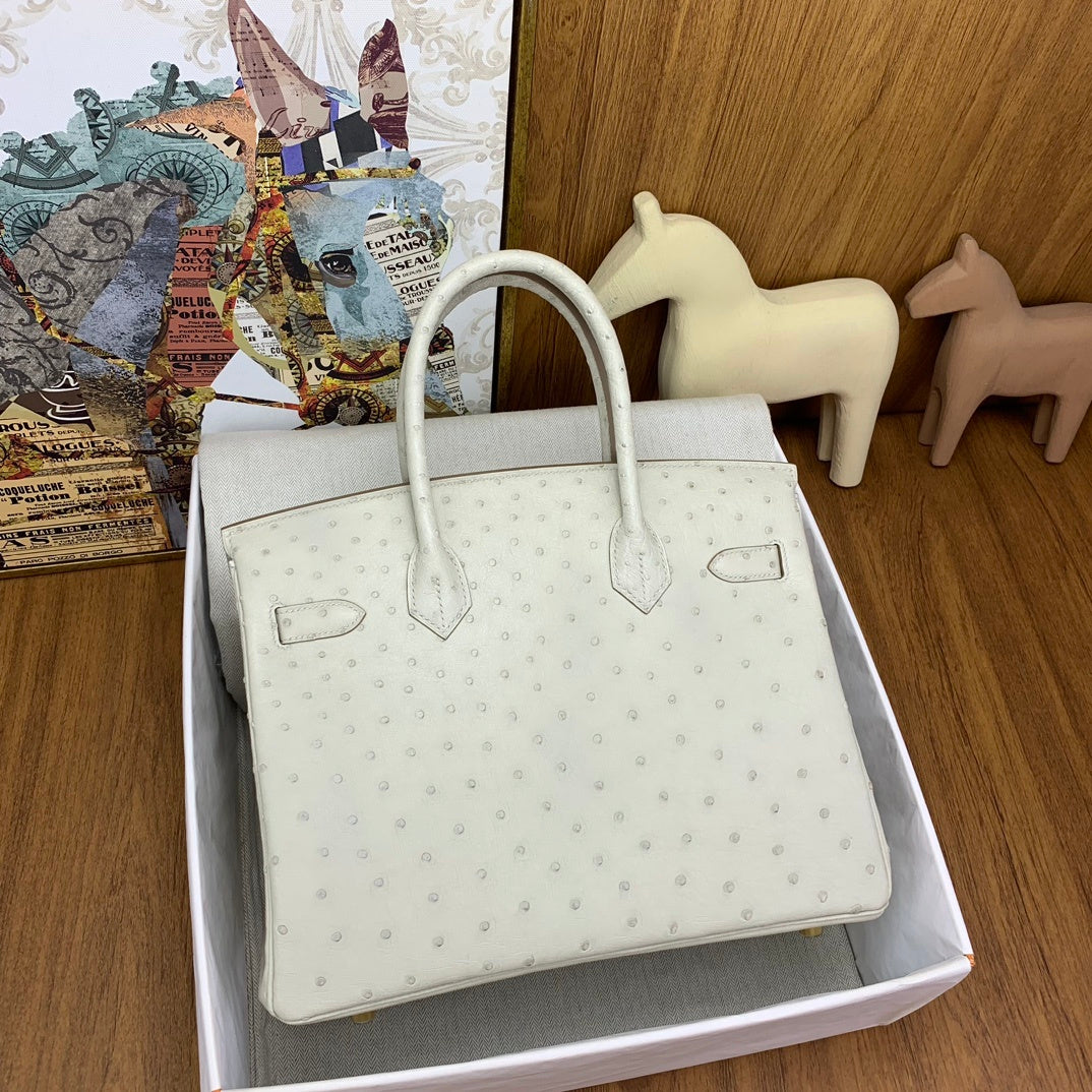 LUXURY PEARL WHITE OSTRICH TEXTURED TOP HANDLE BAG