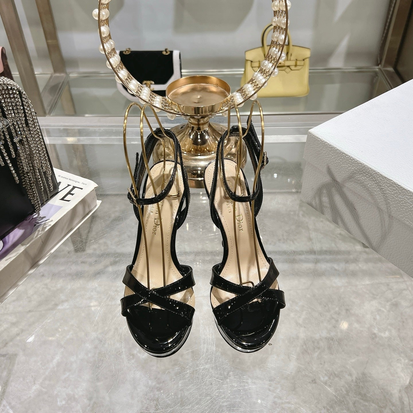 PATENT PLATFORM STRAPPY HEELS – BLACK