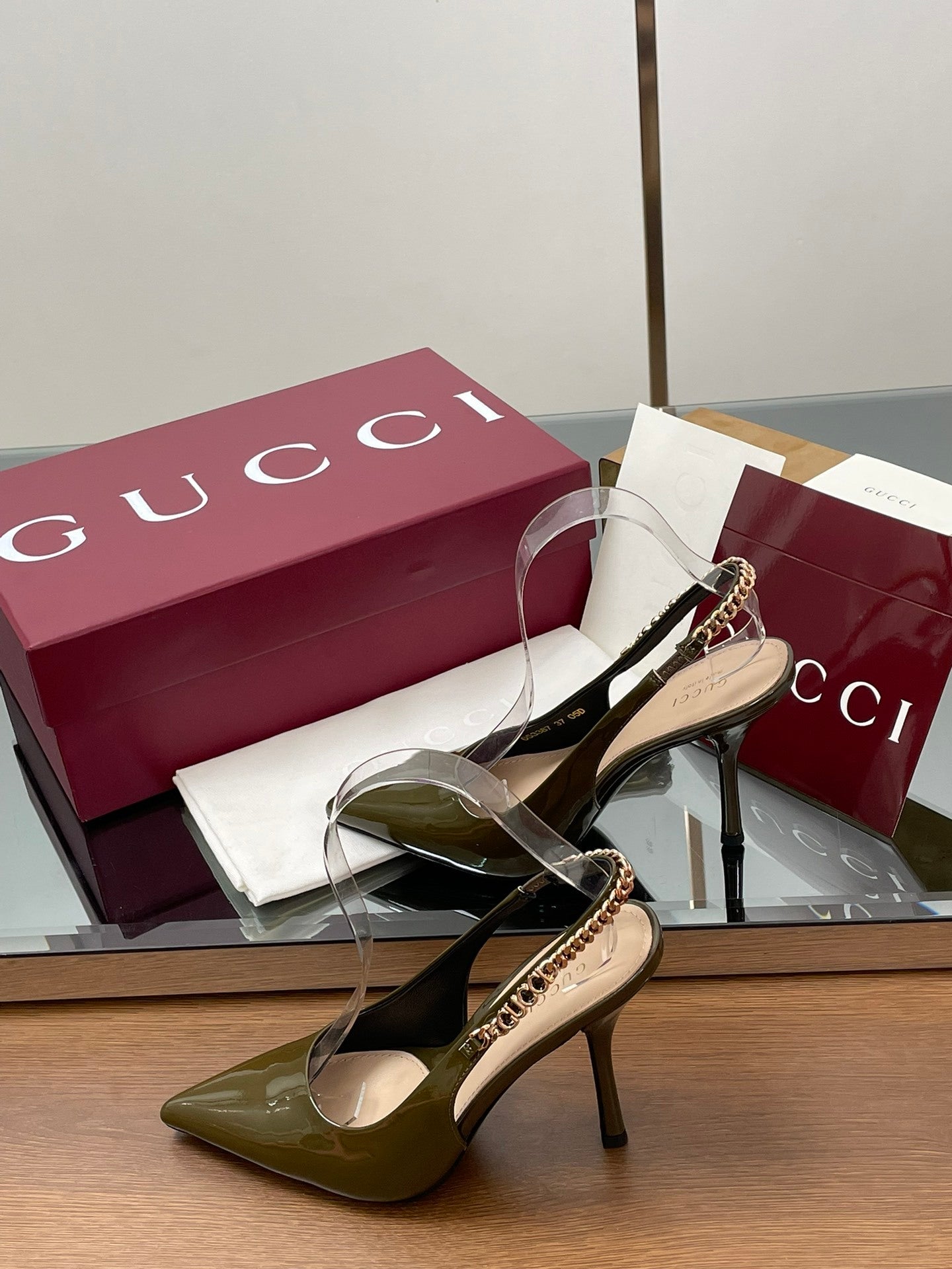 OLIVE PATENT SLINGBACK HEELS