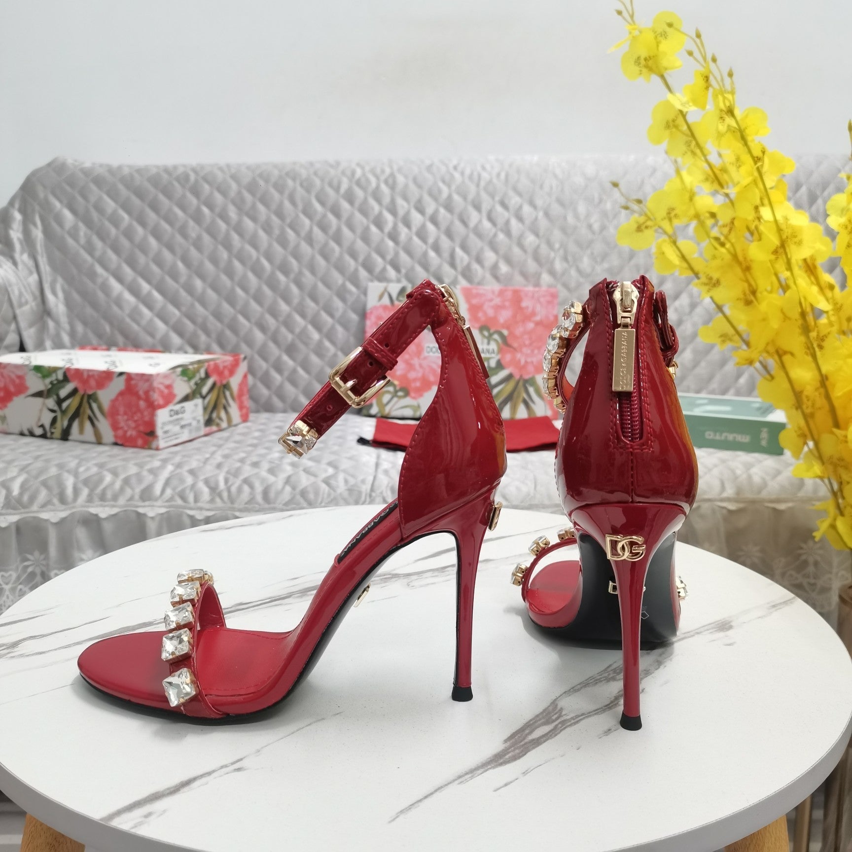 RED STRAPPY HEEL SANDALS WITH CRYSTAL EMBELLISHMENTS