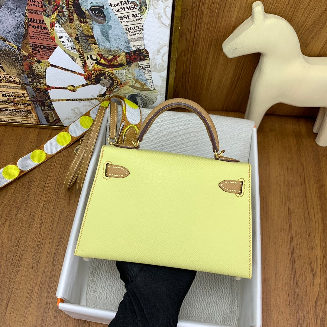 LUXURY MINI LEMON YELLOW LEATHER CROSSBODY BAG WITH WIDE STRAP