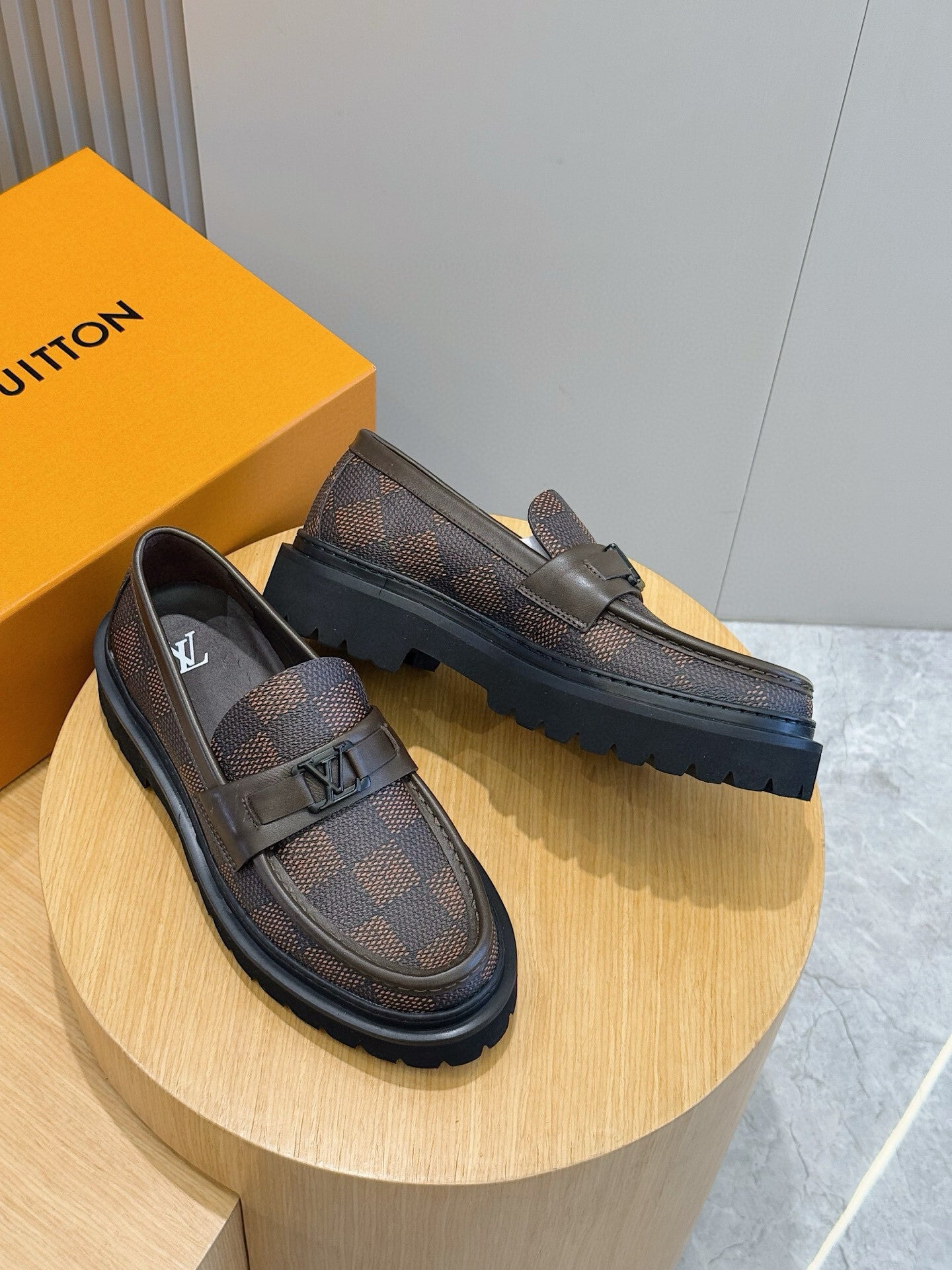 BROWN DAMIER CHUNKY SOLE LOAFERS