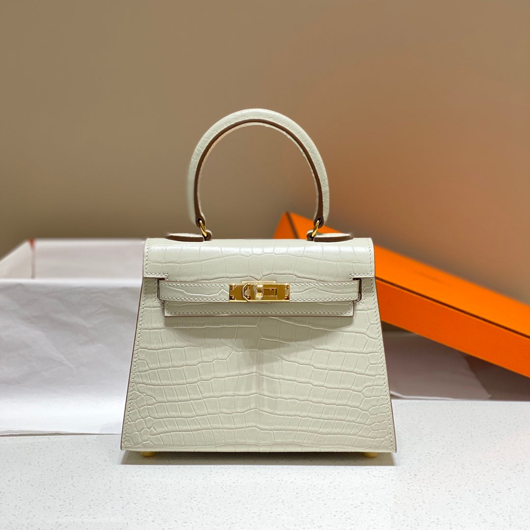 LUXURY WHITE CROCODILE EMBOSSED MINI TOP HANDLE HANDBAG WITH GOLD HARDWARE