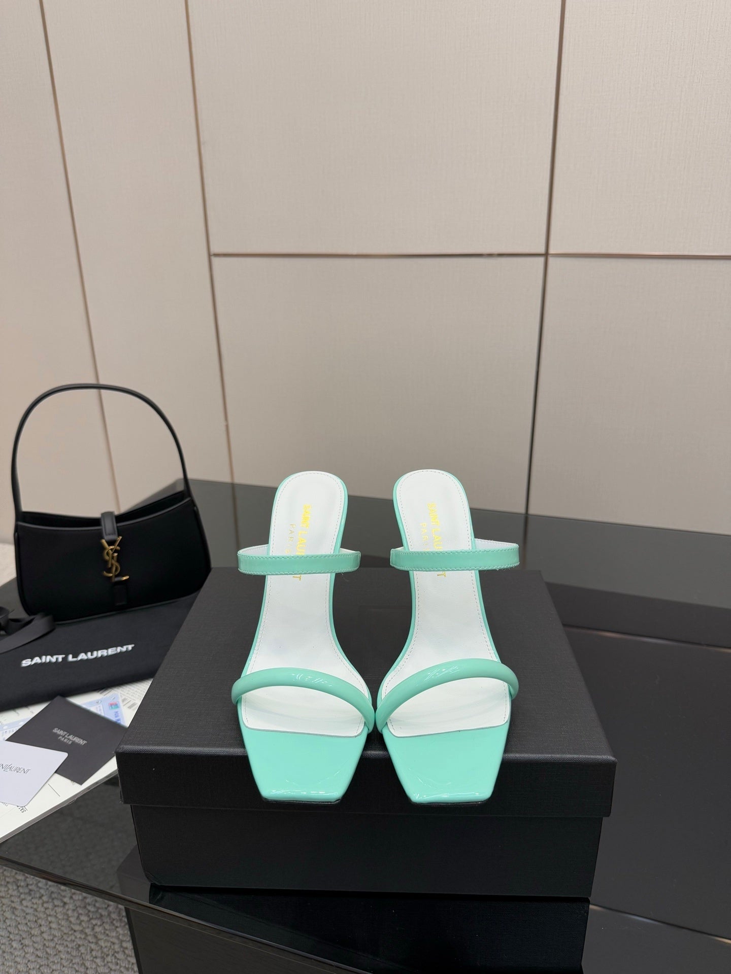MINT GREEN STRAPPY HEELS WITH GOLD LOGO HEEL