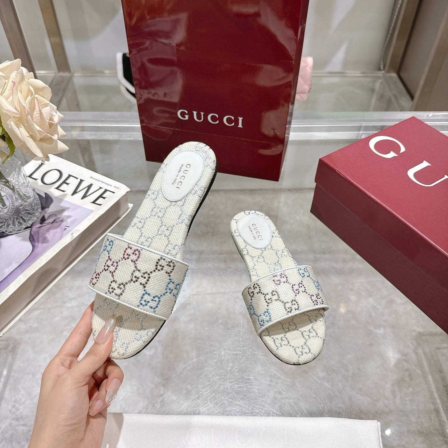 WHITE MULTICOLOR PATTERN SLIDE SANDALS