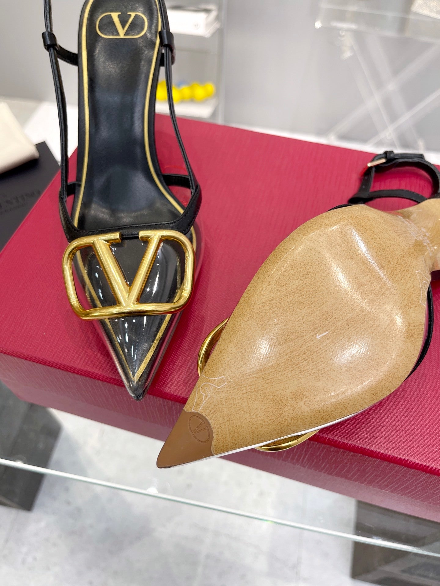 CLEAR SLINGBACK HEELS – CLASSIC BLACK WITH GOLD LOGO DETAIL