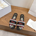 BLACK FLORAL LOGO STRAP SLIDE SANDALS