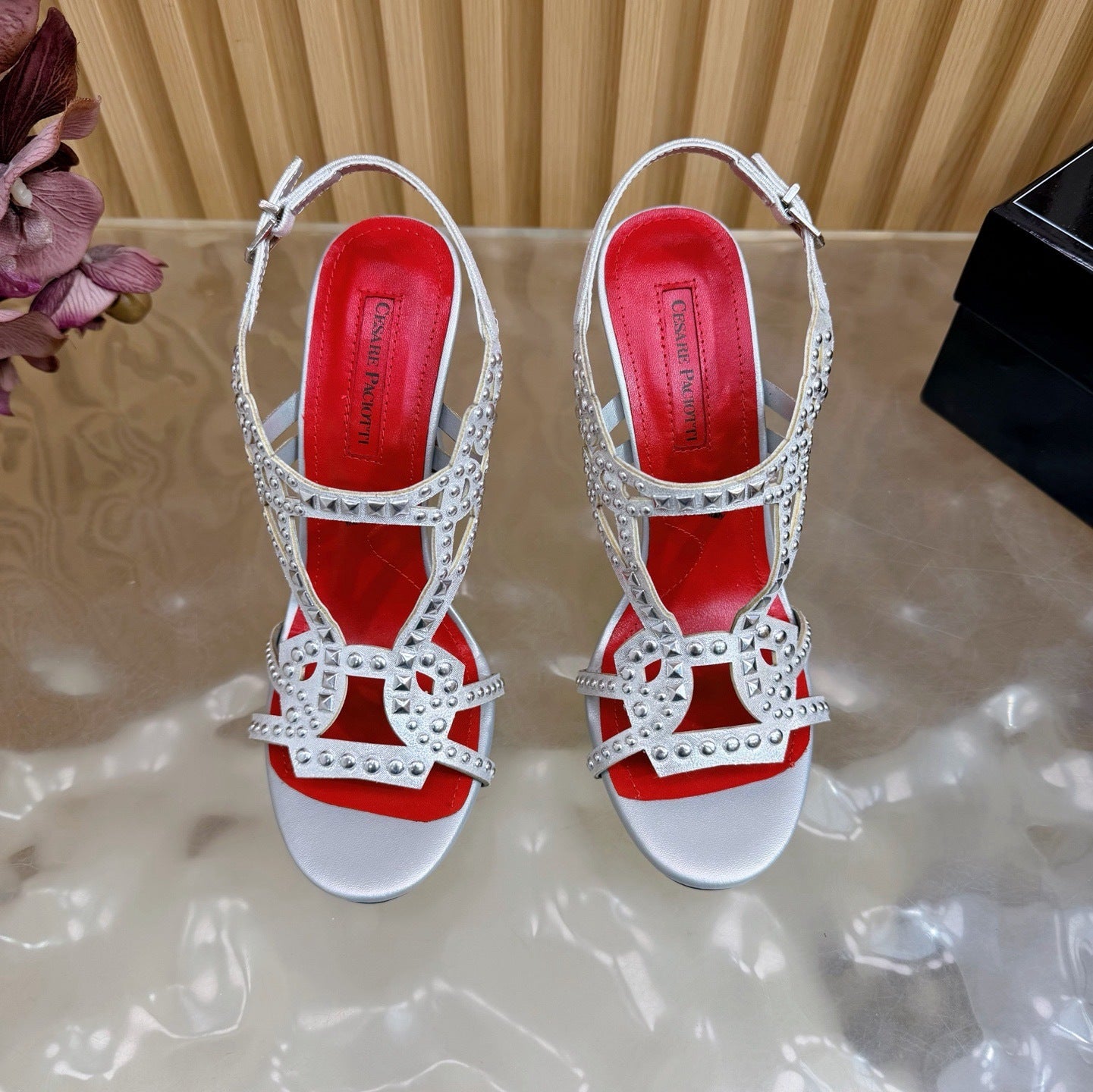 CRYSTAL STUD GLADIATOR STILETTO SANDALS – SILVER EDITION