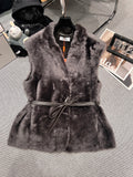 LUXURY GREY FUR VEST WITH LEATHER WAIST BELT