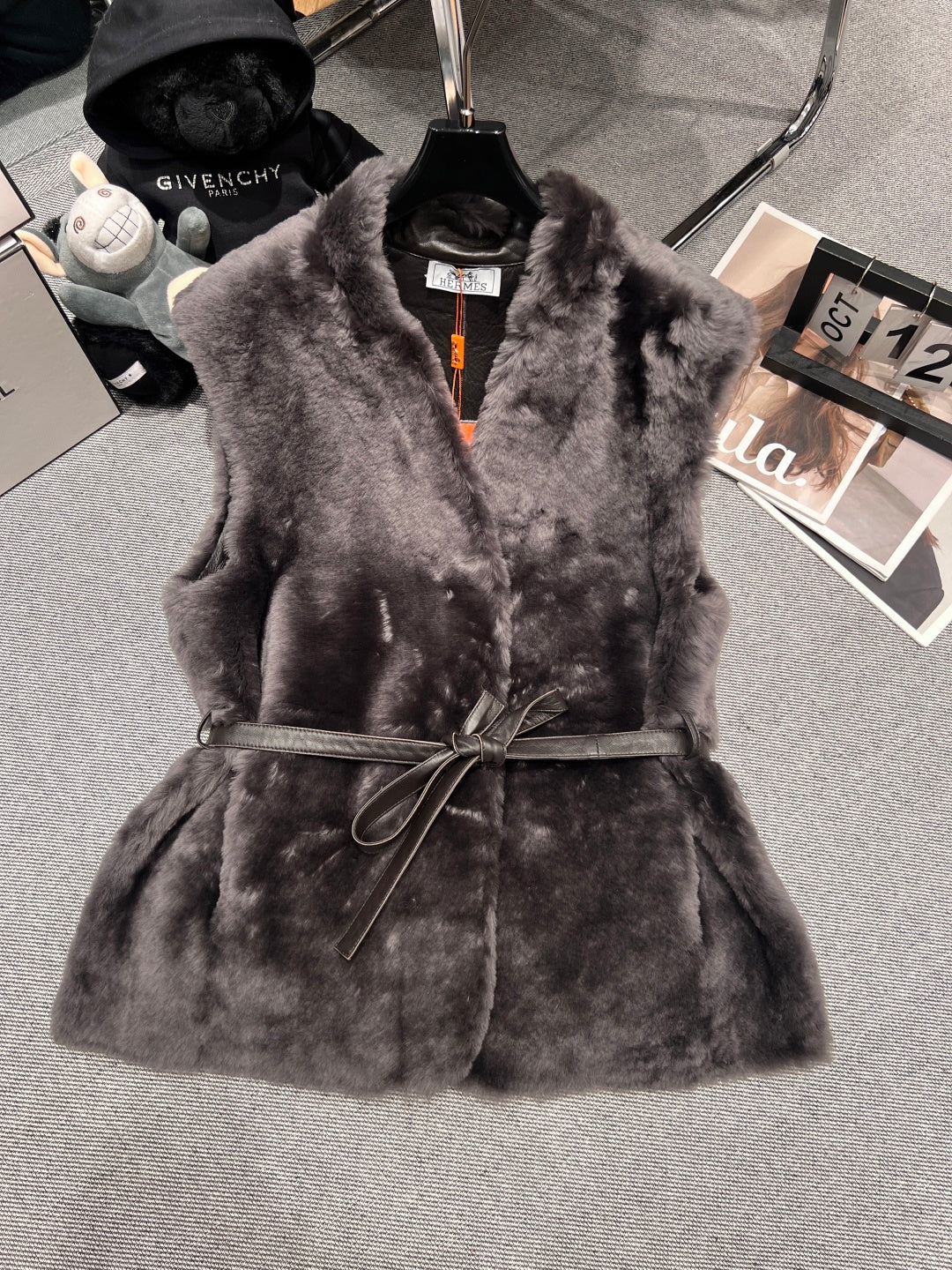 LUXURY GREY FUR VEST WITH LEATHER WAIST BELT