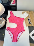 PINK MONOGRAM ONE-SHOULDER CUT-OUT ONE-PIECE SWIMSUIT