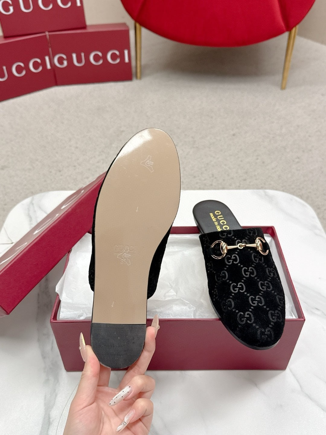 BLACK MONOGRAM VELVET HORSEBIT MULES