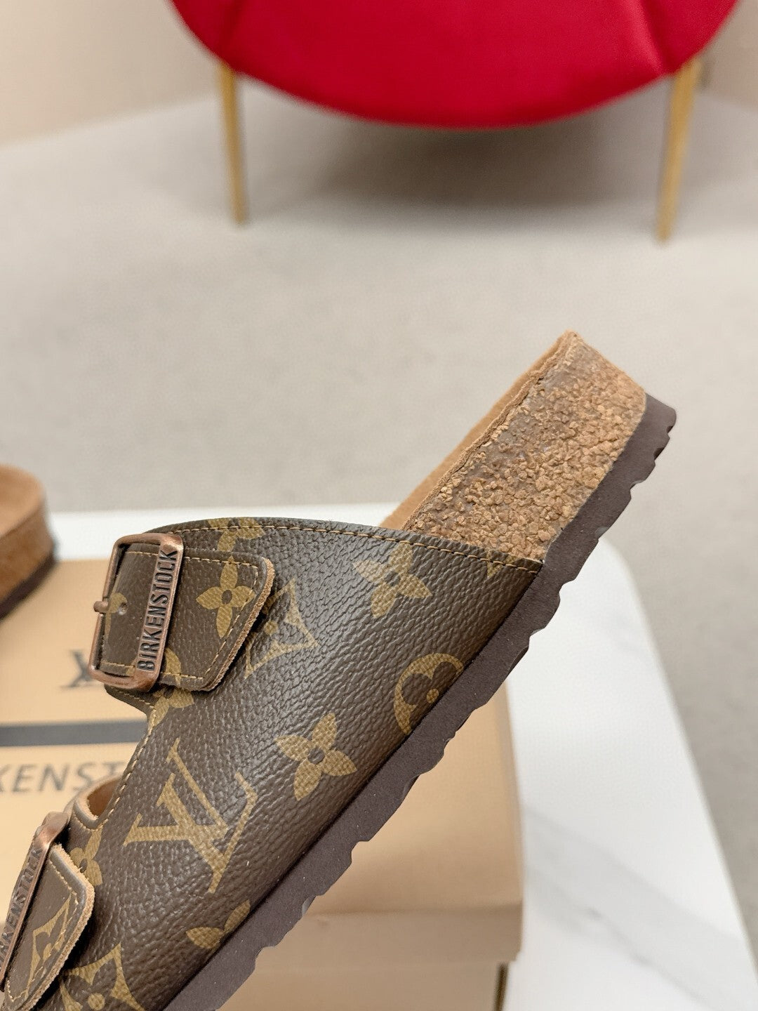 BROWN MONOGRAM DOUBLE-STRAP BUCKLE SLIDE SANDALS