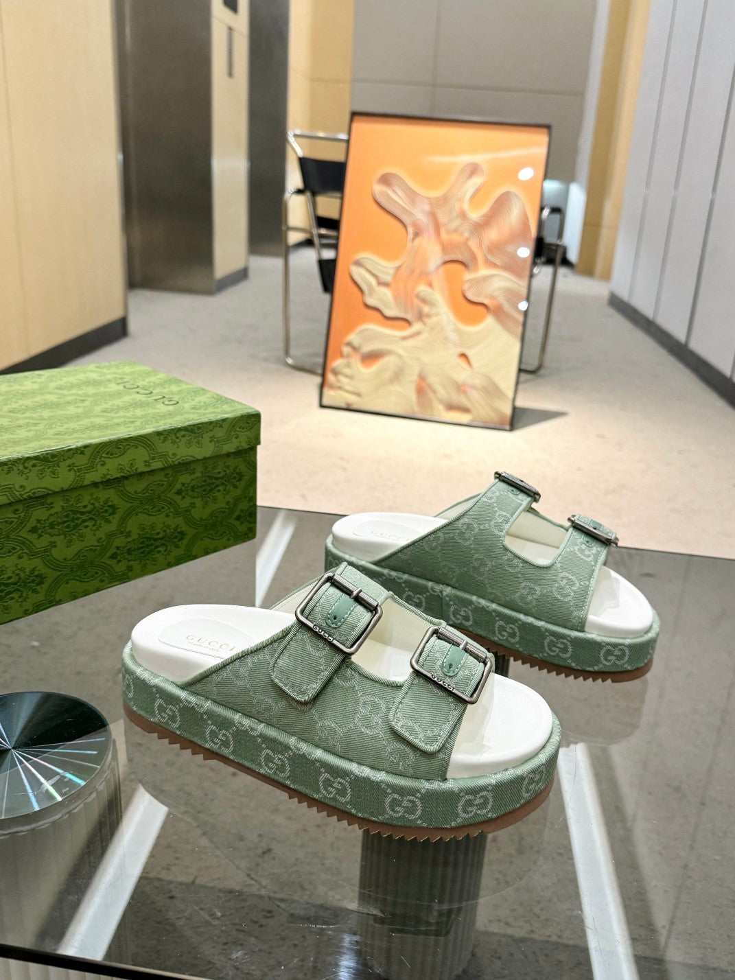 GREEN MONOGRAM DOUBLE-STRAP SANDALS