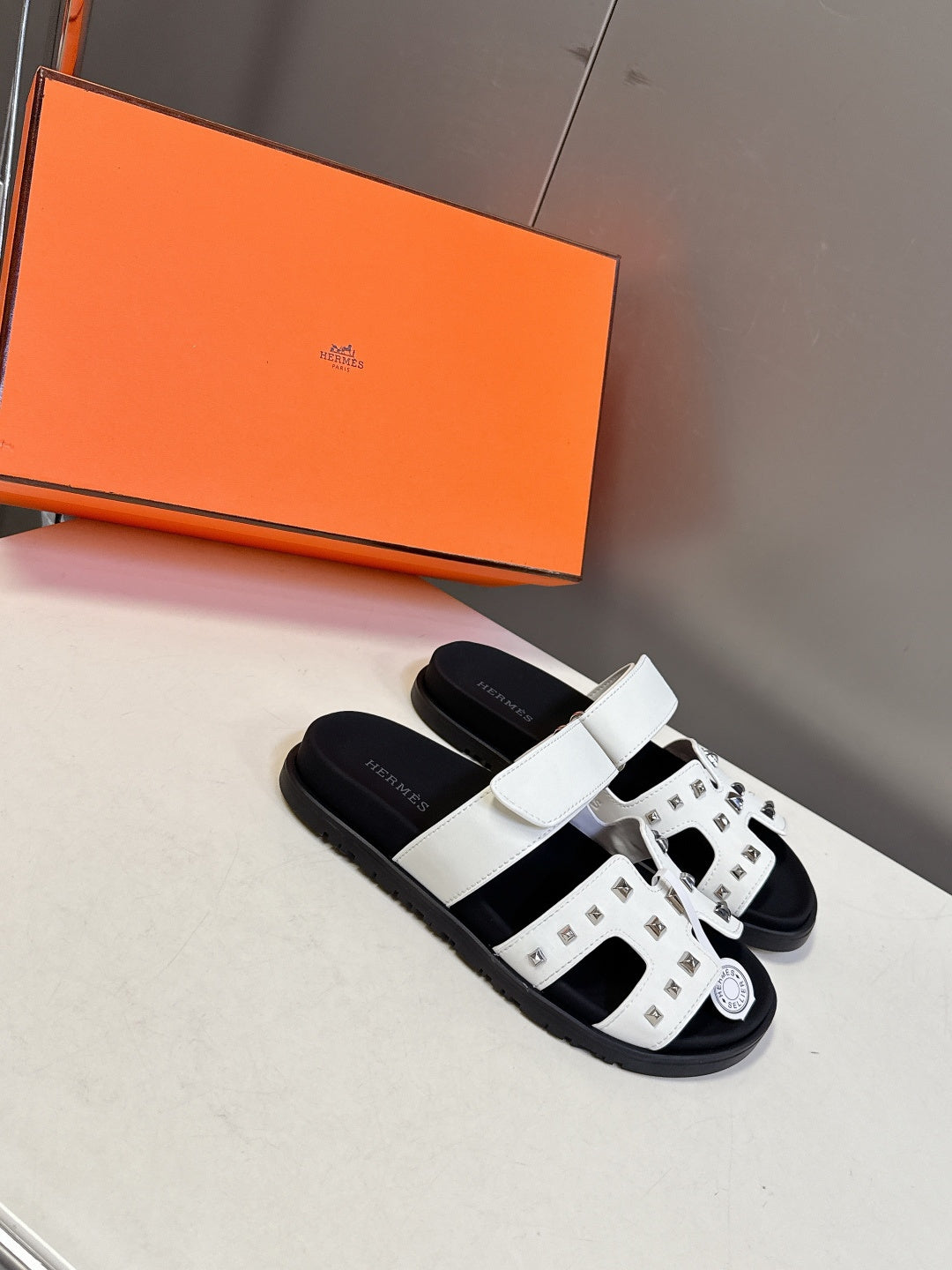 WHITE STUDDED SLIDE SANDALS