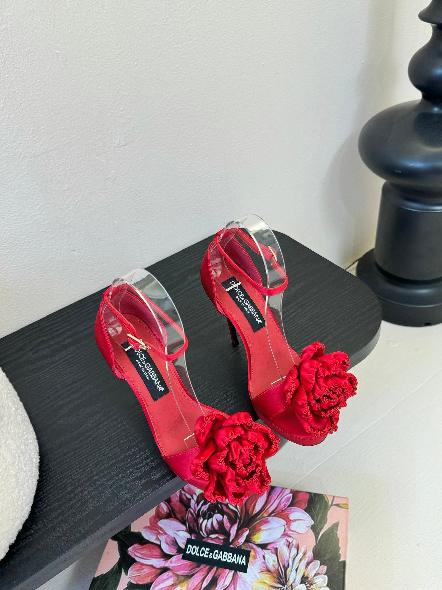 RED SATIN ROSETTE STRAPPY STILETTO HEELS