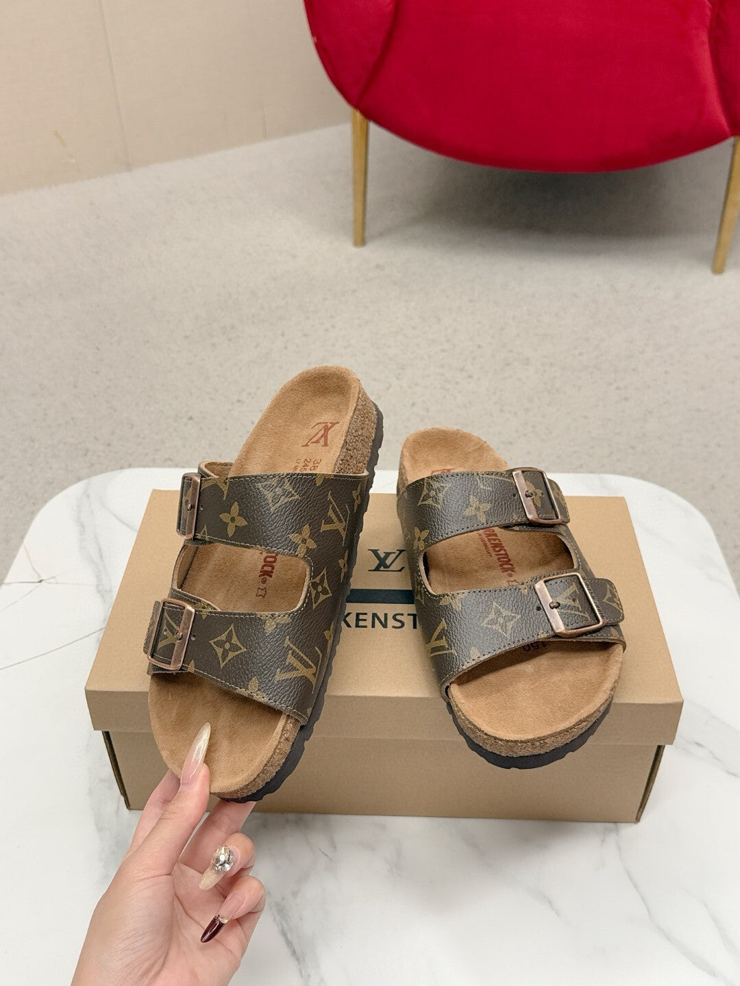BROWN MONOGRAM DOUBLE-STRAP BUCKLE SLIDE SANDALS
