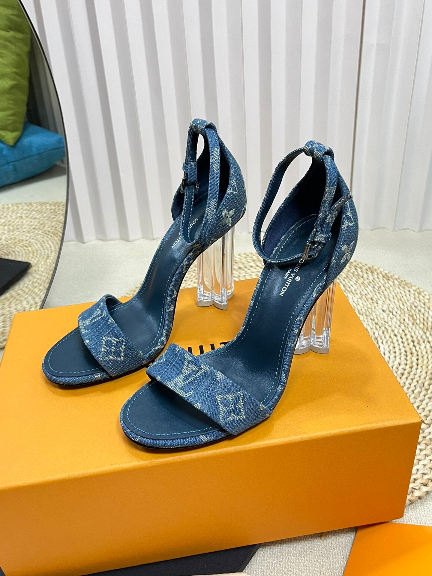 DENIM MONOGRAM CLEAR HEEL SANDALS