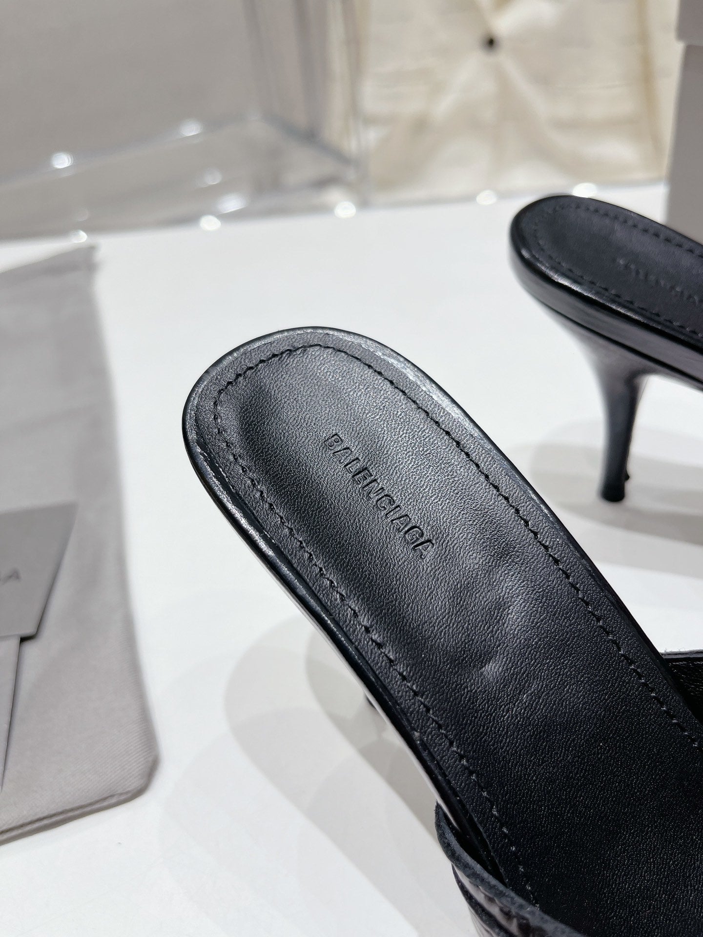 BLACK EMBELLISHED MID HEEL MULE SANDALS