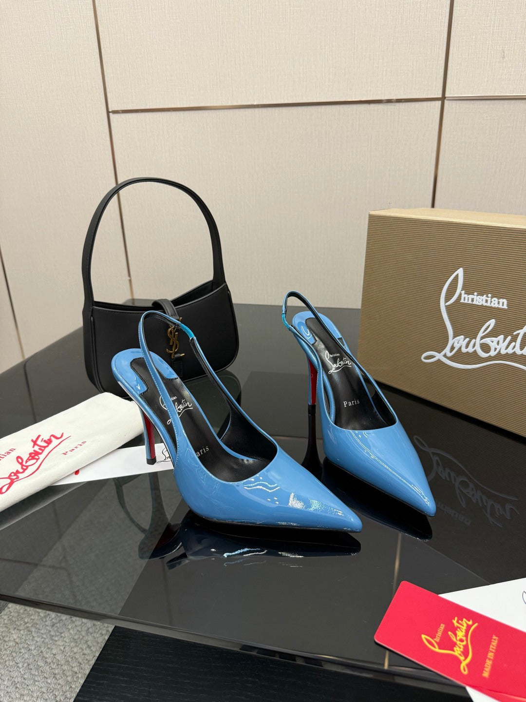 BLUE PATENT SLINGBACK POINTED HEELS