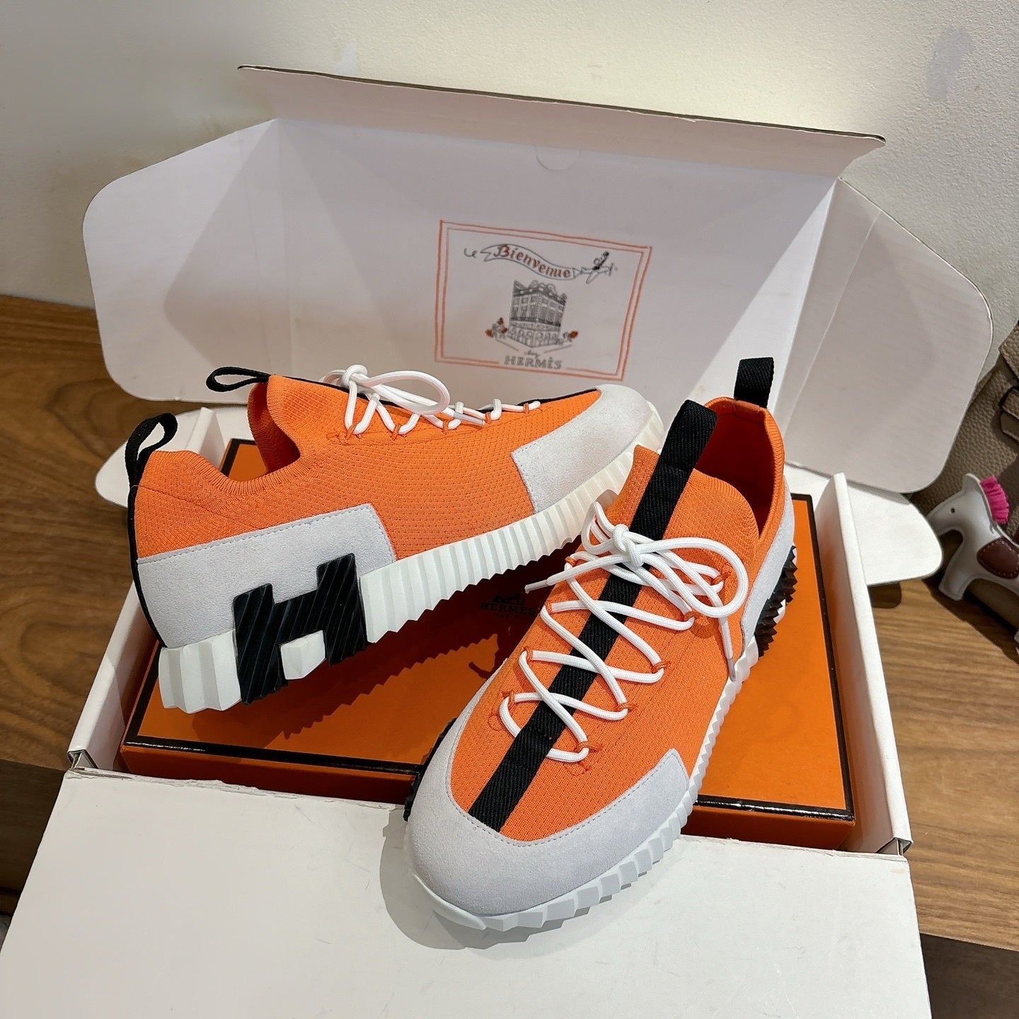 ORANGE TECH-KNIT & SUEDE LOW-TOP SNEAKERS