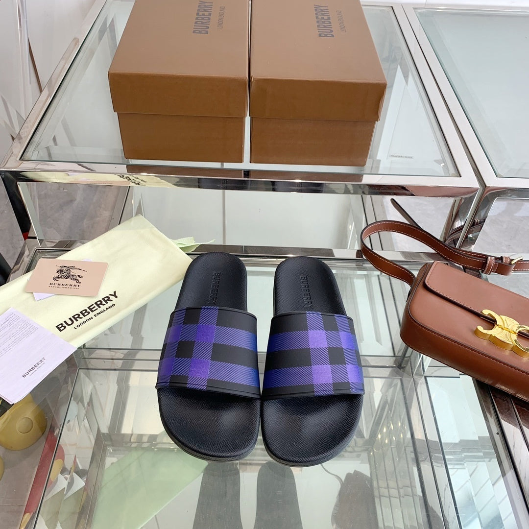 BLACK & PURPLE CHECK PRINT SLIDE SANDALS