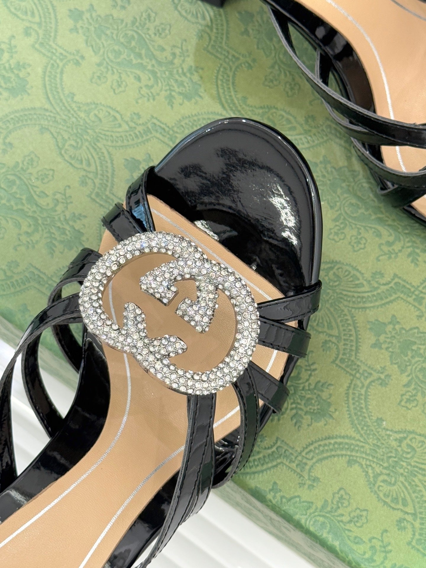 BLACK CRYSTAL BUCKLE HEELED MULES