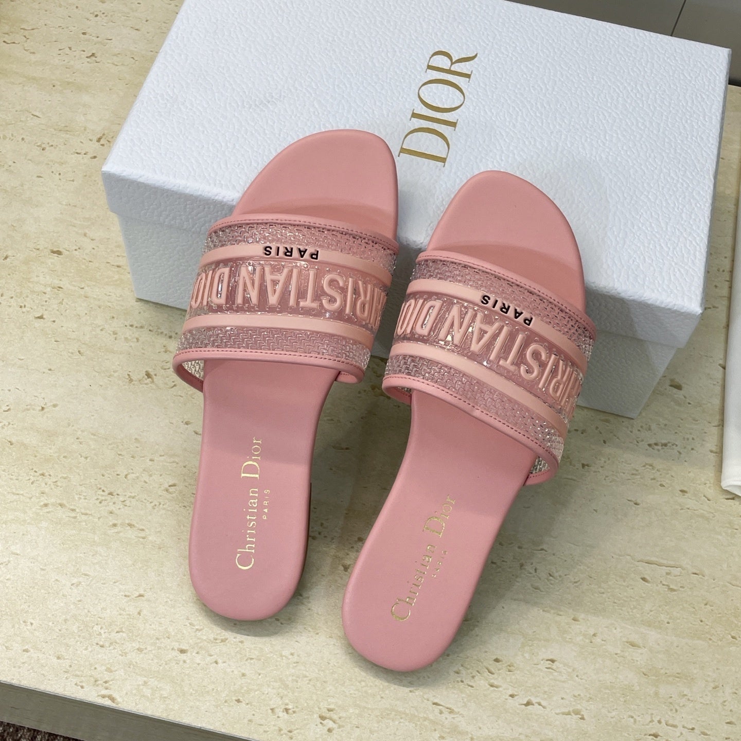 PINK LOGO EMBOSSED SLIDE SANDALS