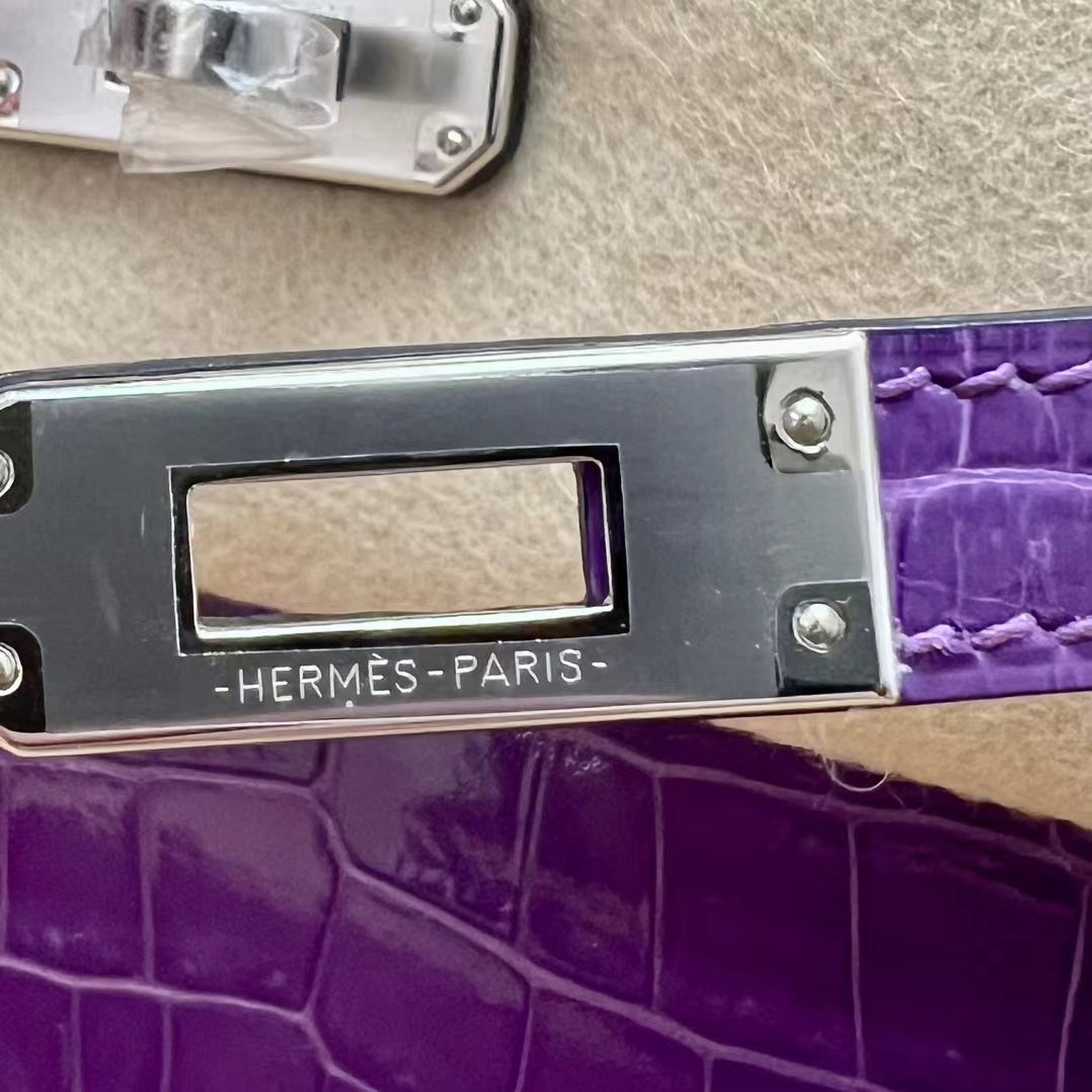 PURPLE CROCODILE EMBOSSED STRUCTURED TOP HANDLE HANDBAG WITH SILVER HARDWARE