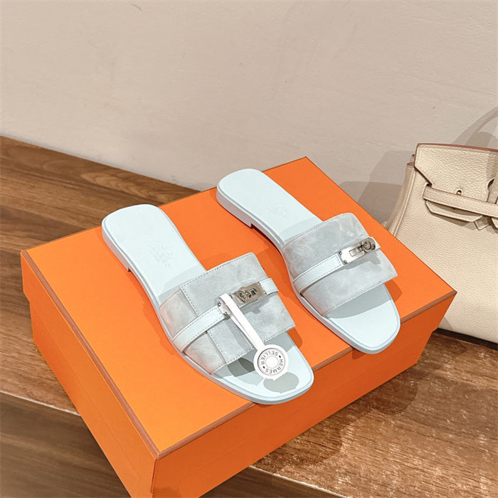 PASTEL BLUE SUEDE BUCKLE SLIDE SANDALS