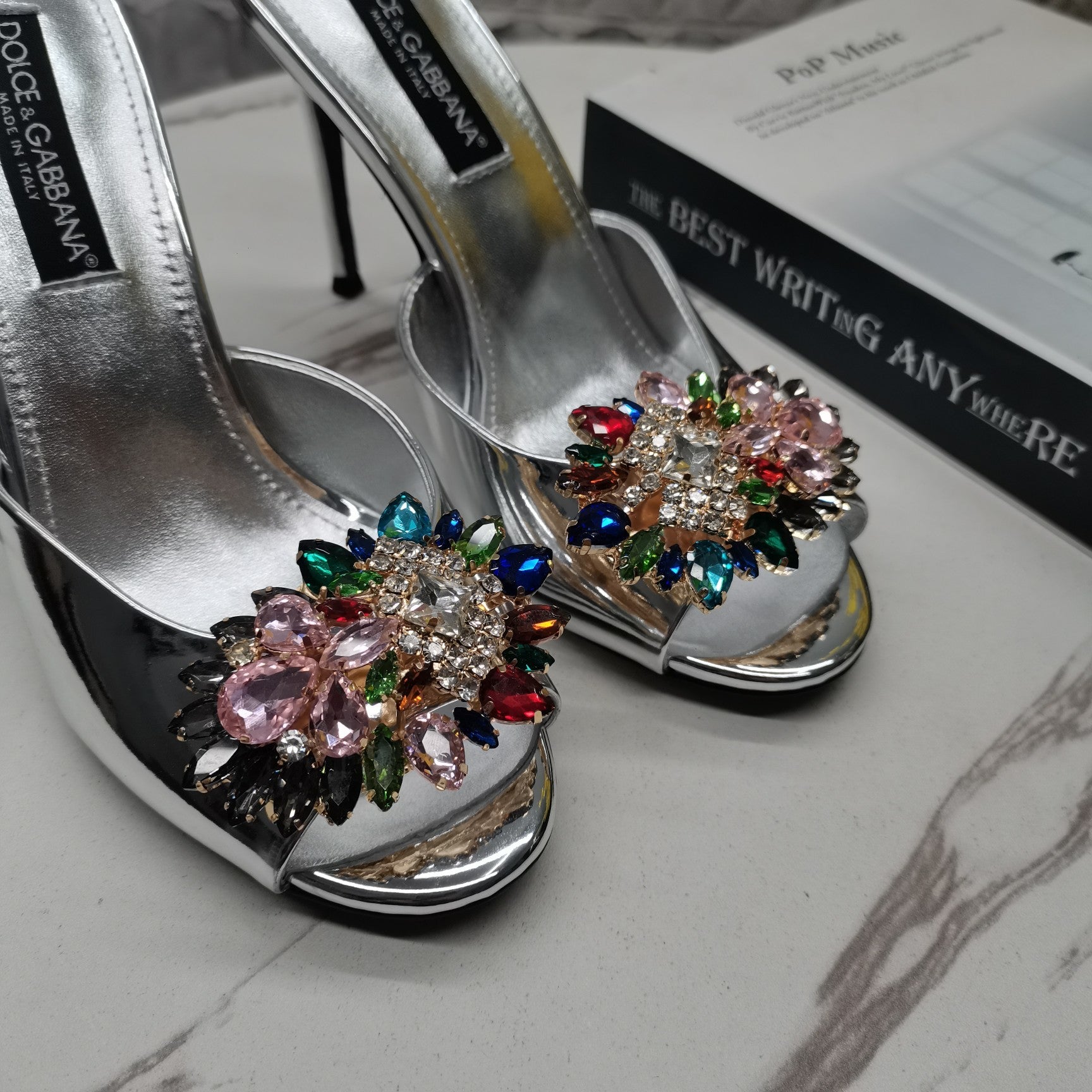 SILVER METALLIC MULE HEEL SANDALS WITH MULTICOLOR CRYSTAL EMBELLISHMENT