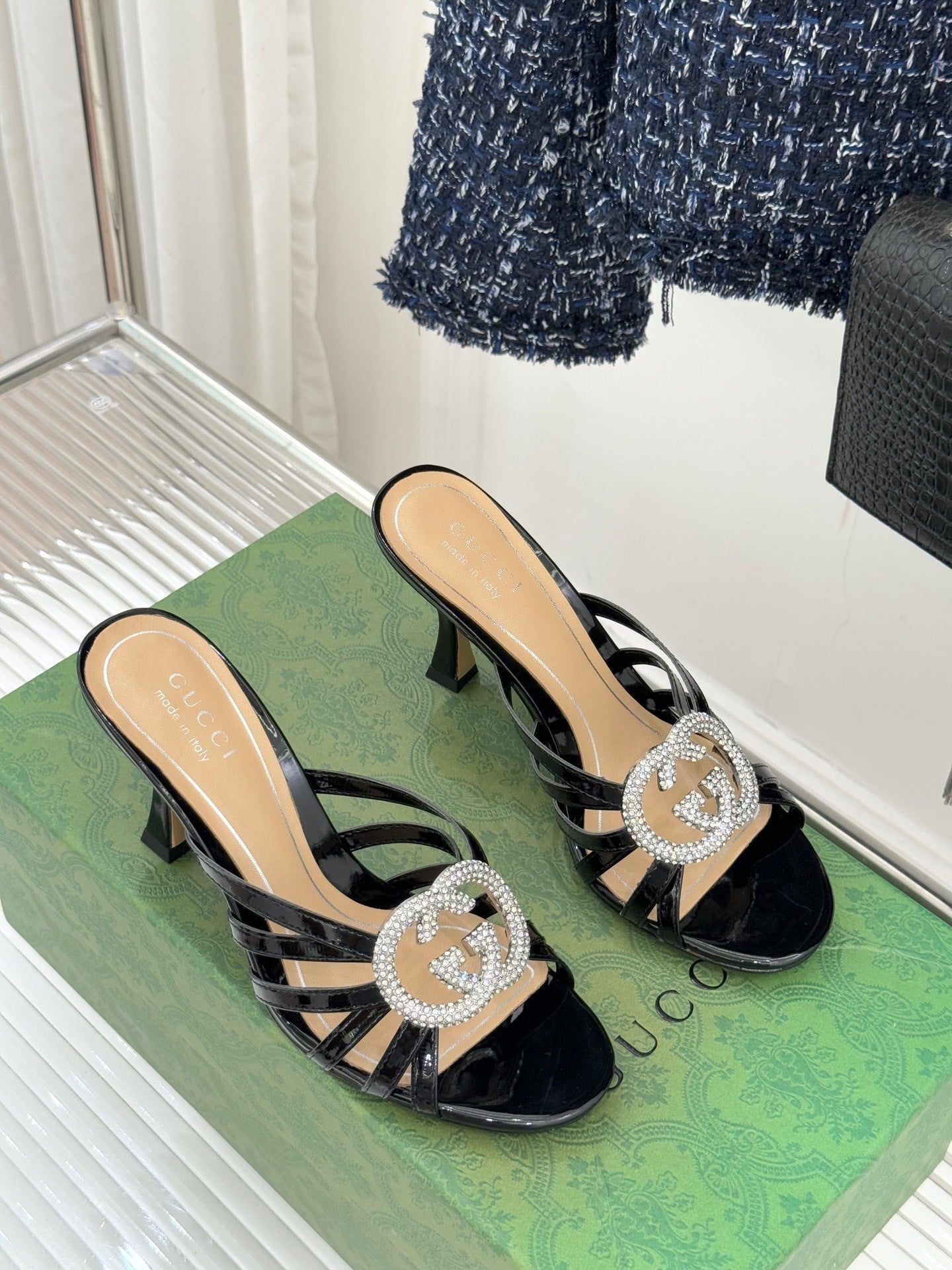 BLACK CRYSTAL BUCKLE HEELED MULES