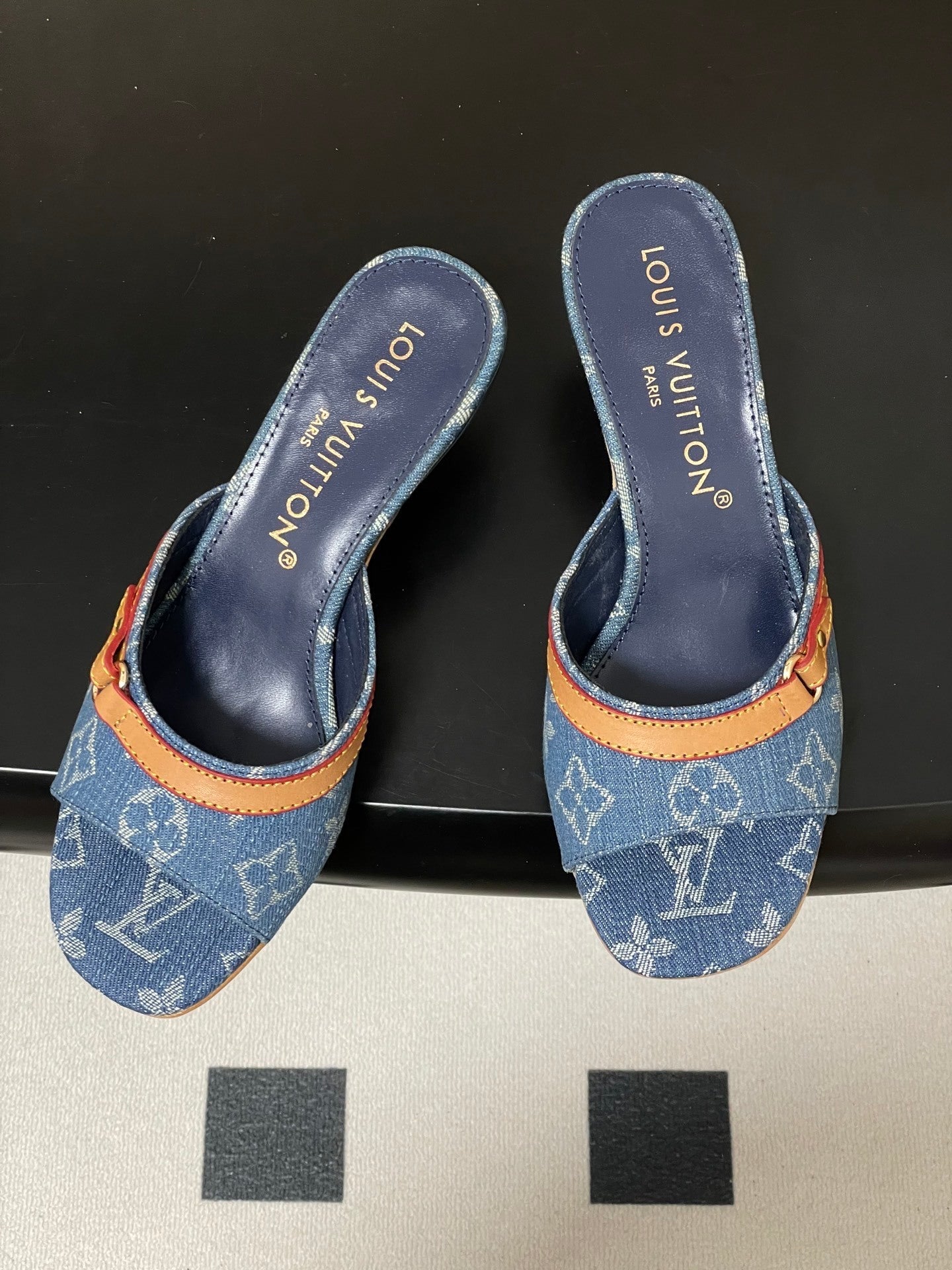 DENIM MONOGRAM STRAP KITTEN HEEL MULES