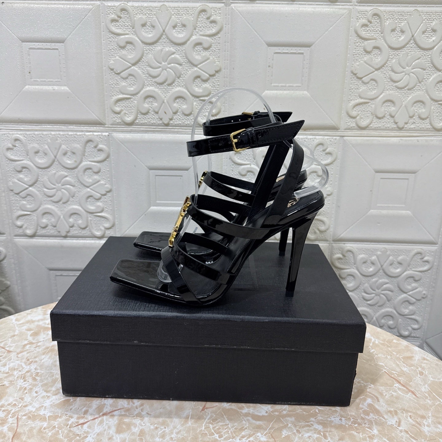 PATENT MULTI-STRAP STATEMENT HEEL SANDALS