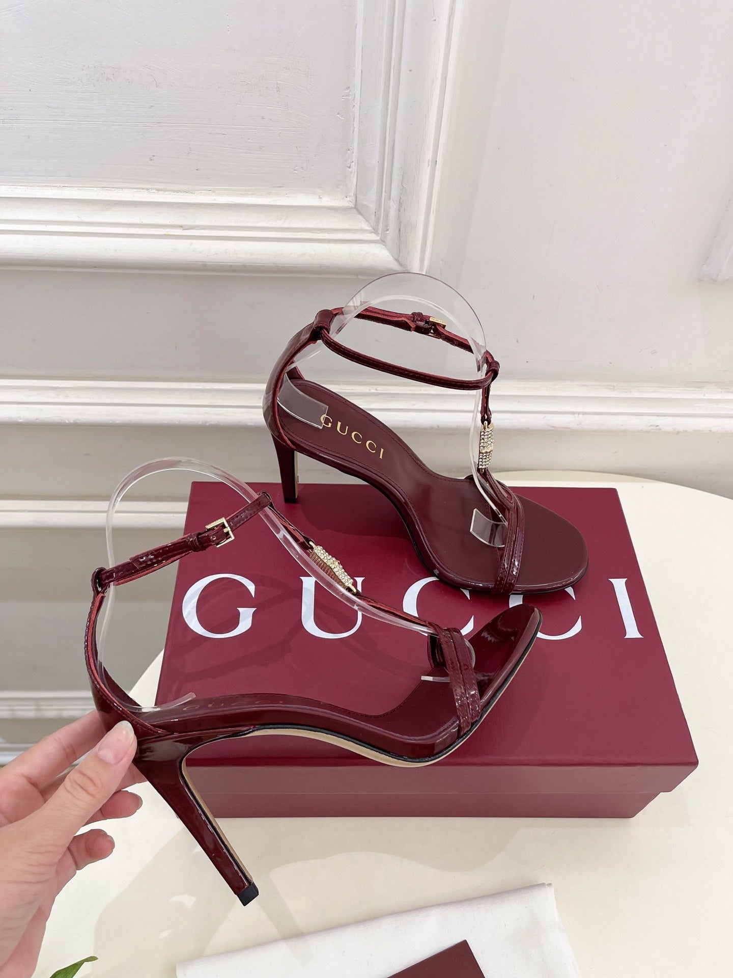 BURGUNDY TRANSPARENT STRAPPY HEEL SANDALS
