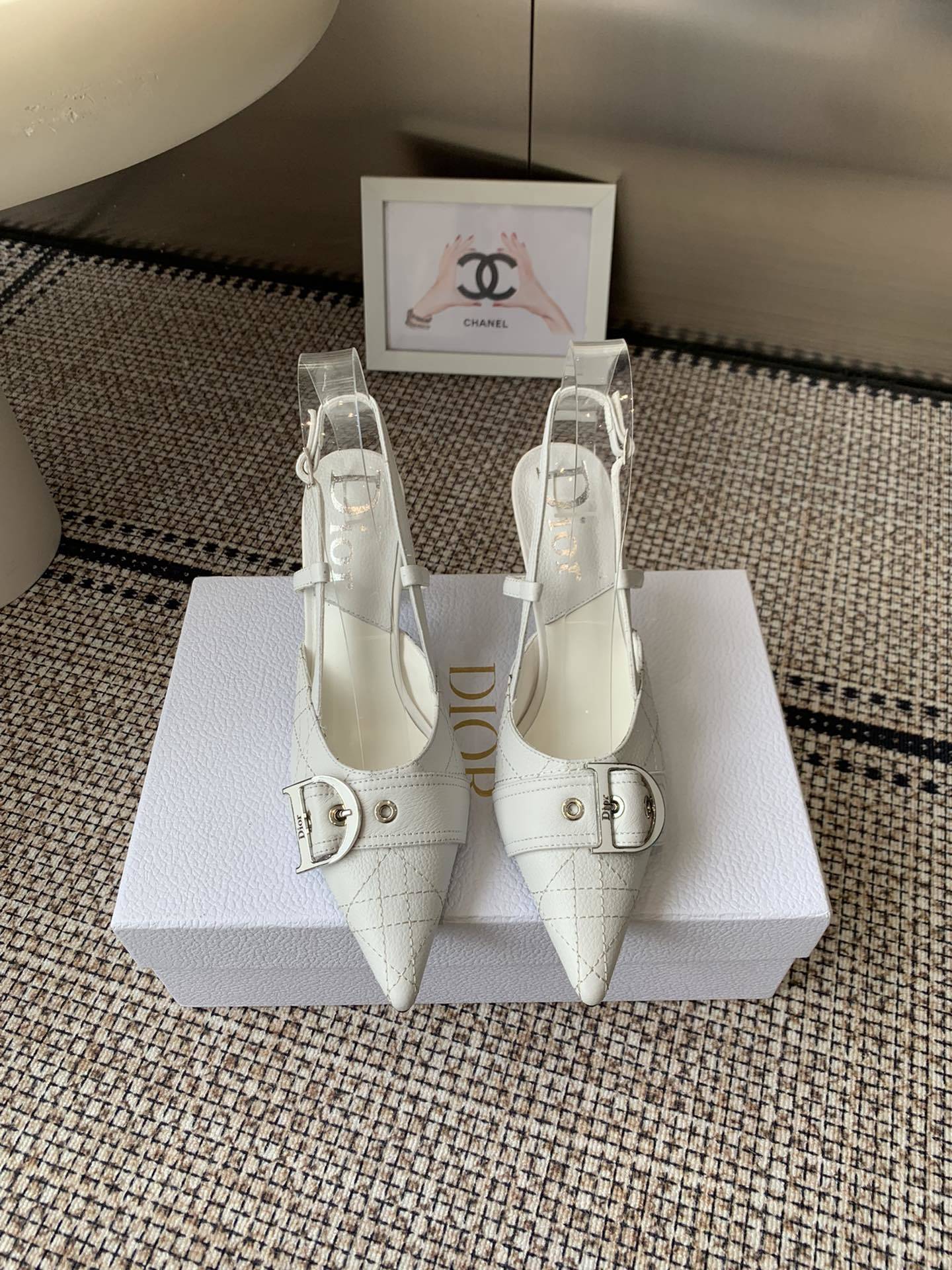 WHITE BUCKLE POINTED SLINGBACK HEELS