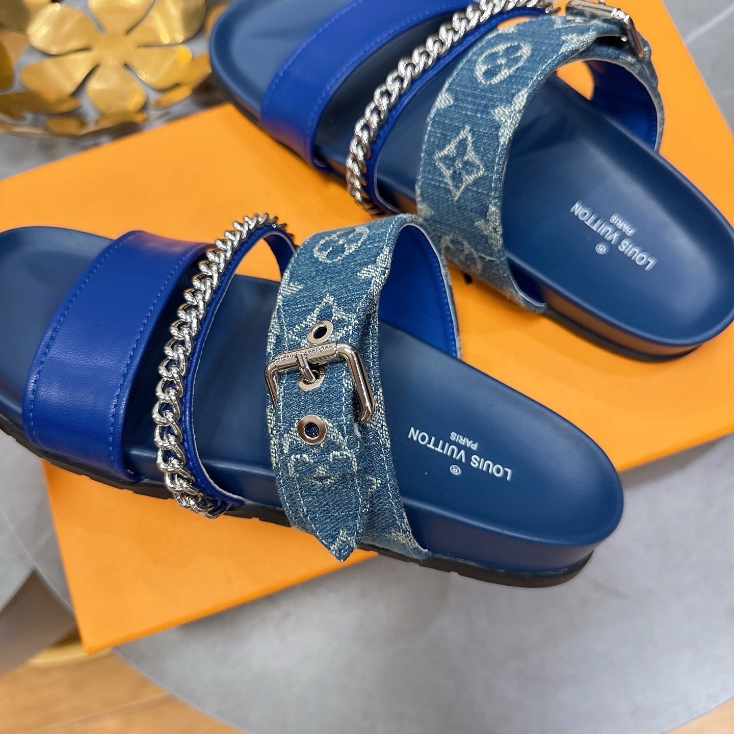 BLUE MULTI-STRAP CHAIN DETAIL SLIDE SANDALS