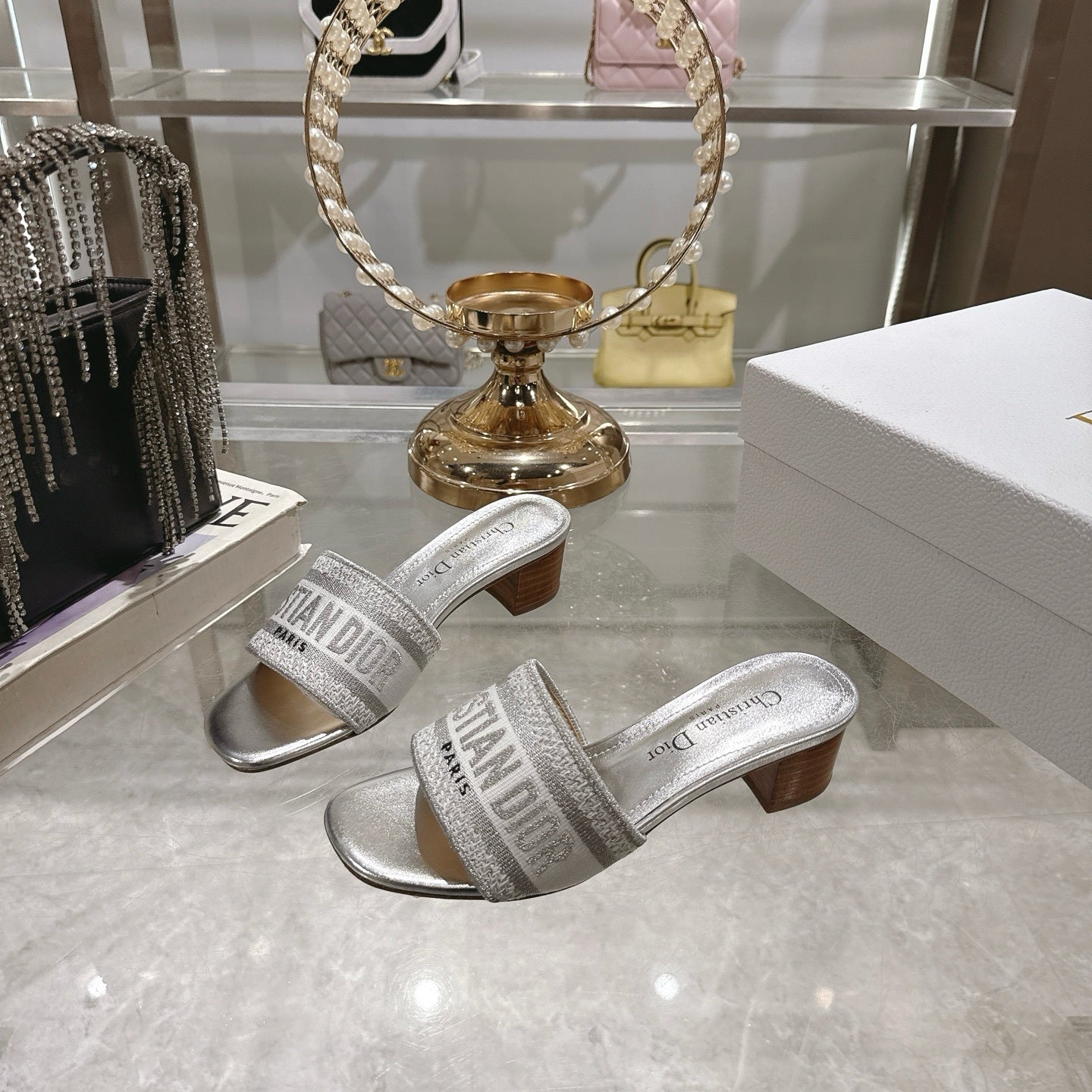 METALLIC LOGO JACQUARD LOW HEEL MULES