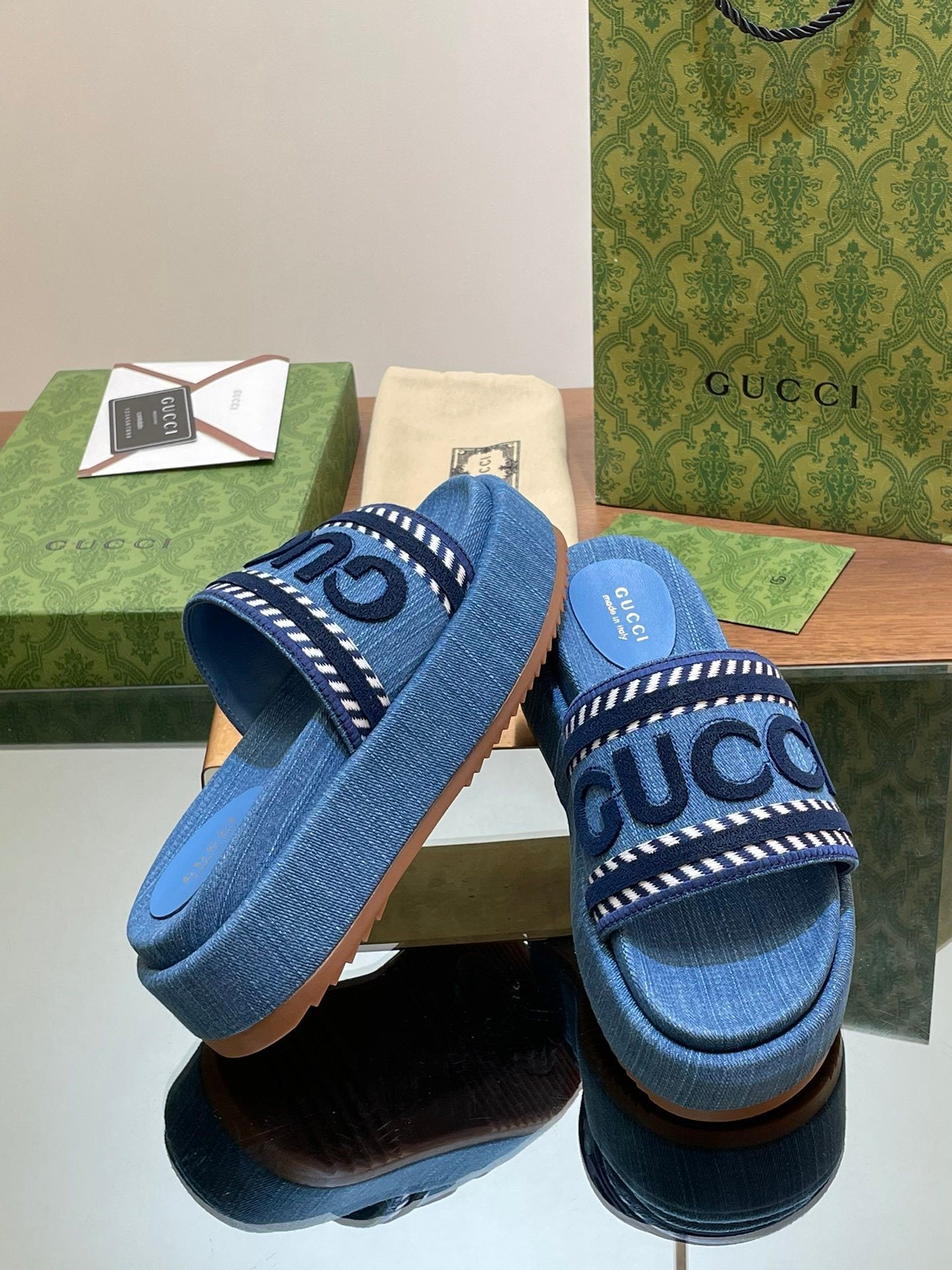 BLUE DENIM LOGO PLATFORM SLIDE SANDALS