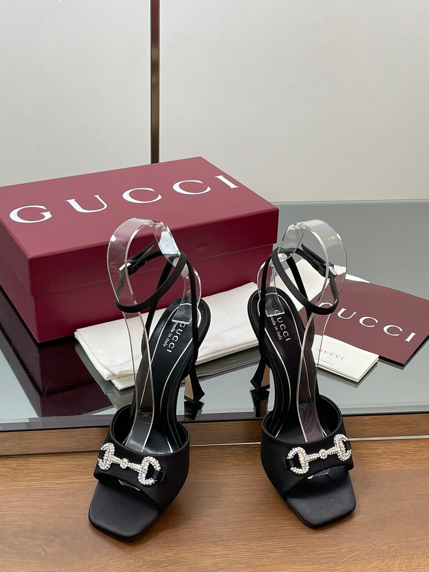 BLACK CRYSTAL HORSEBIT STRAPPY HEEL SANDALS