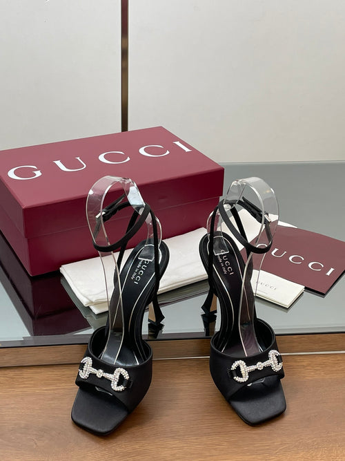 BLACK CRYSTAL HORSEBIT STRAPPY HEEL SANDALS